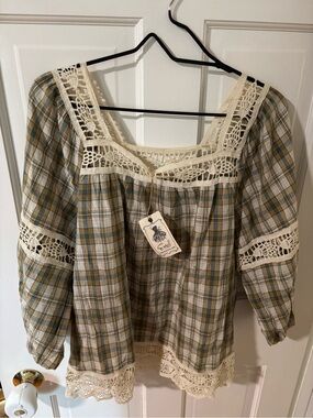easel Olive and Cream Plaid Crochet-Trim Peasant Blouse